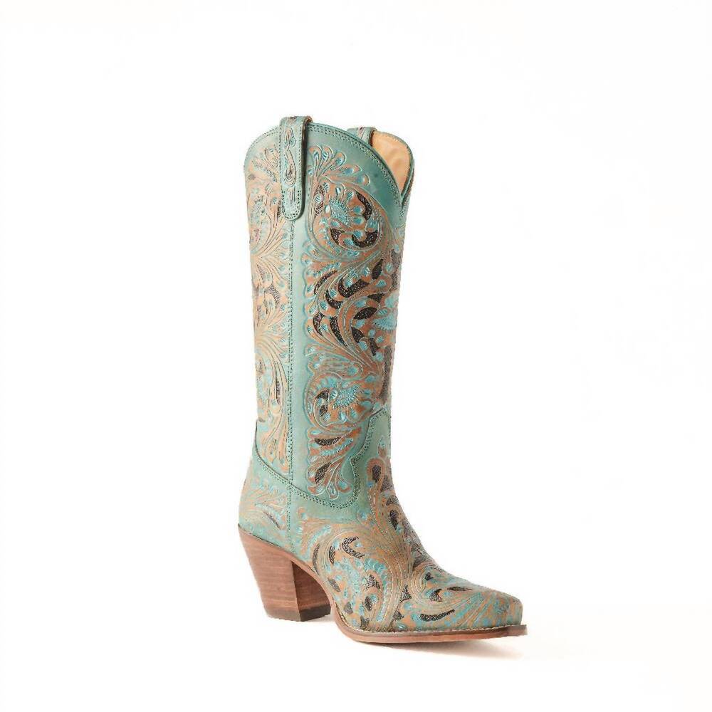 NEW MYRA BAG women's kasiopeah hand-tooled leather western boots in turquoise